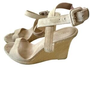 Burberry Cream Suede Leather Ankle Wrap Wedge Sandals Shoes Women’s 37 US 7
